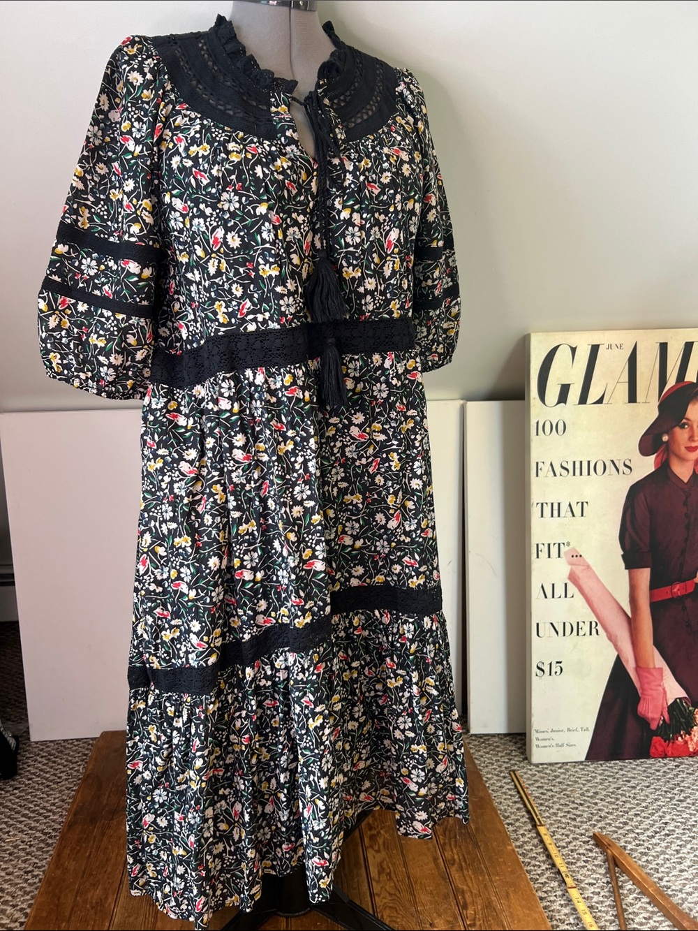 Sundance Black Floral Tiered Midi Dress prairie style  Lace Trim New NWT